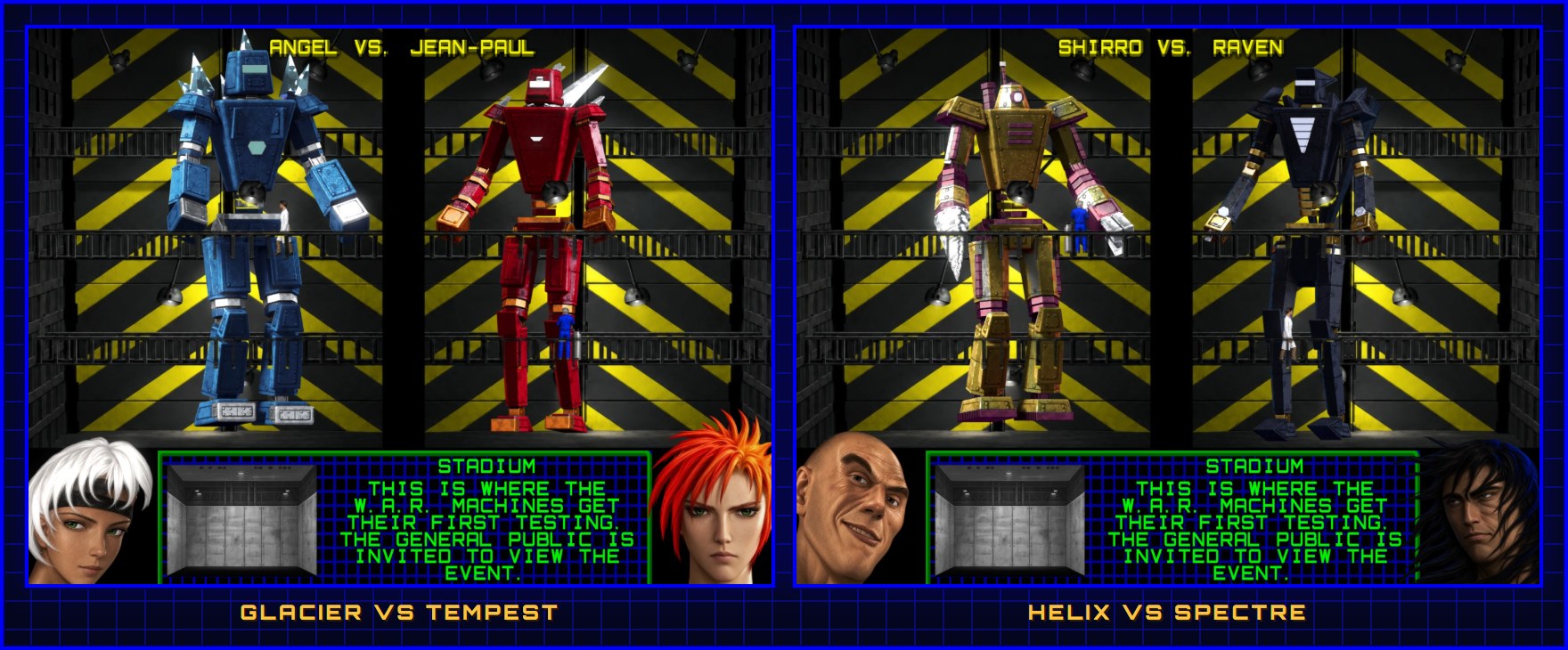 The new robots on the VS screen: GLACIER against TEMPEST, HELIX against SPECTRE
