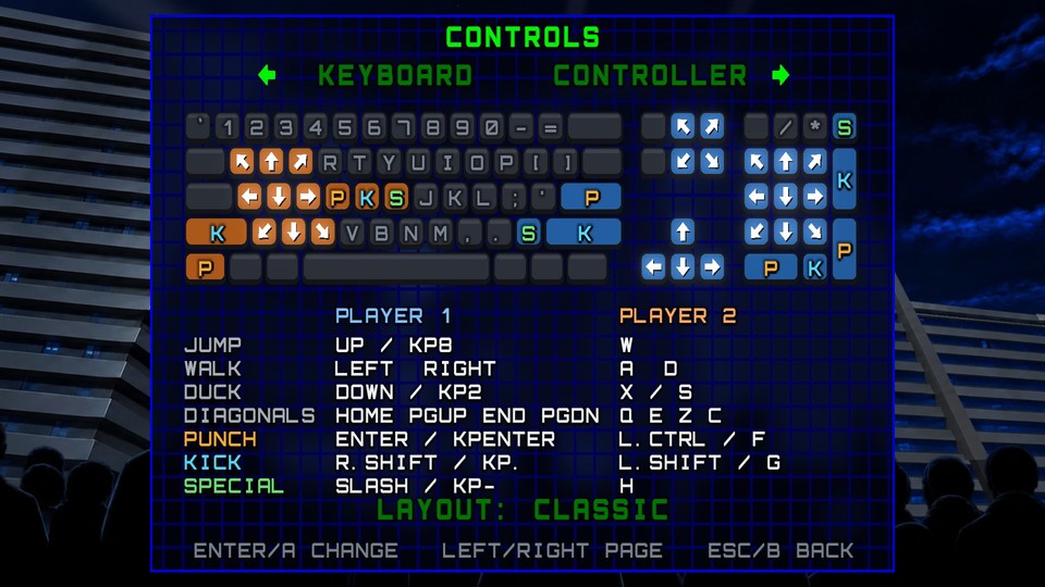 The controls screen: every action on the keyboard for both players
