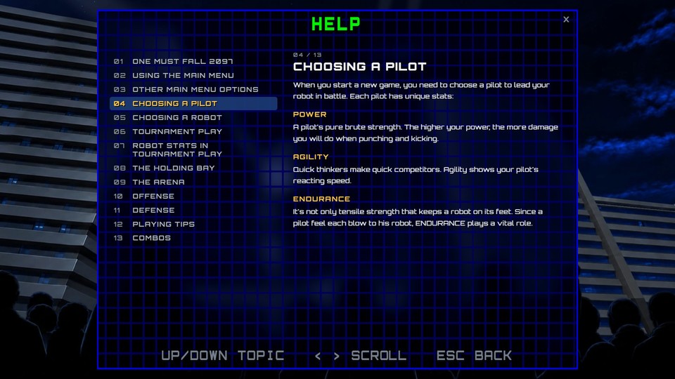 The help pages, with their topics beside them