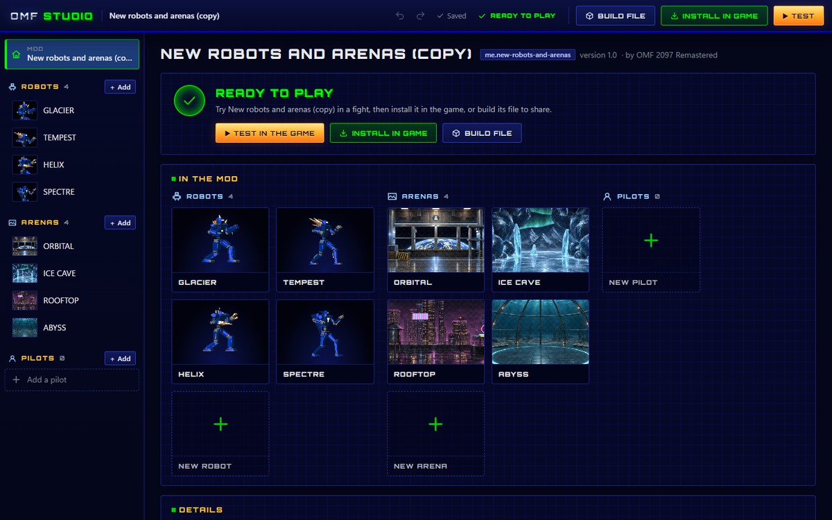 OMF Studio with the new robots and arenas mod open: its four robots and four arenas