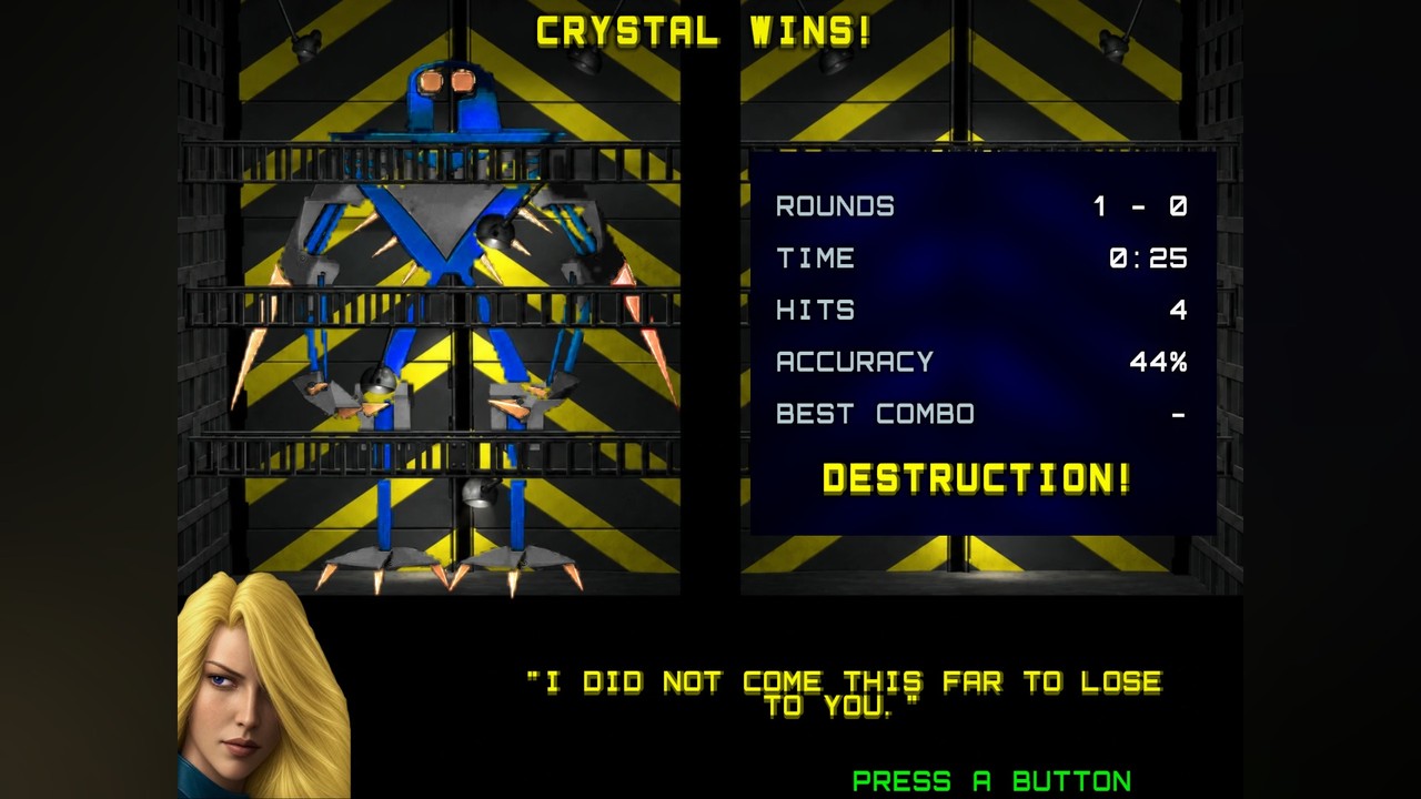 A victory screen: the winner's portrait, robot, a line of theirs and the fight's numbers