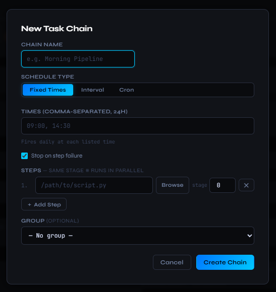 New Task Chain modal