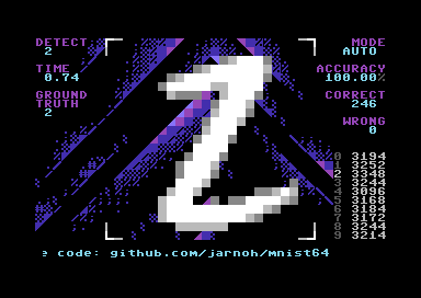C64 running the MNIST64 program, with visuals and inference details. Digits are streamed from a floppy disk (6 disksides for 10,000 digits). Correct detections are indicated with digitized voice samples.