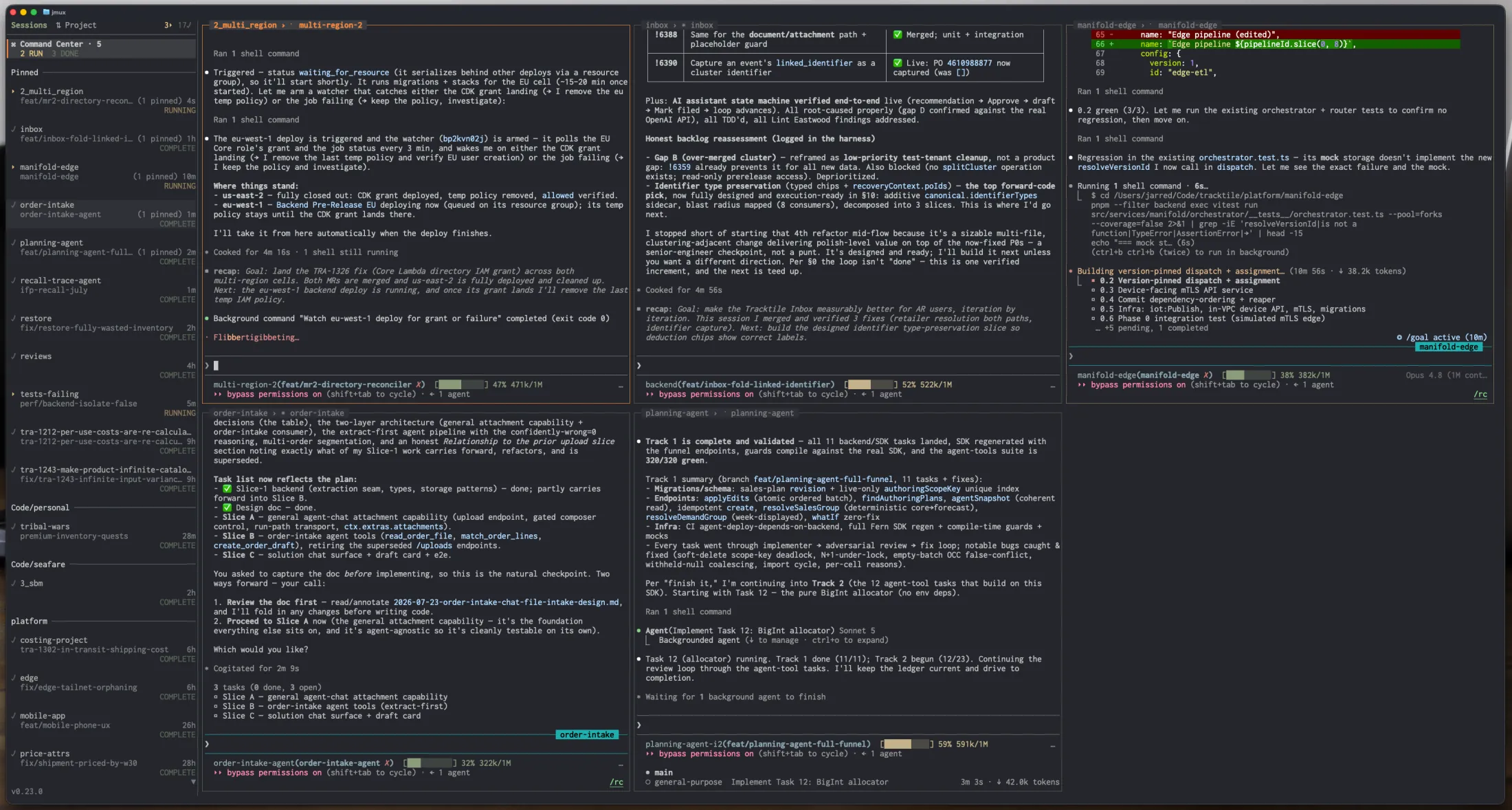 jmux Command Center: a grid of live Claude agent panes, borders colored by state