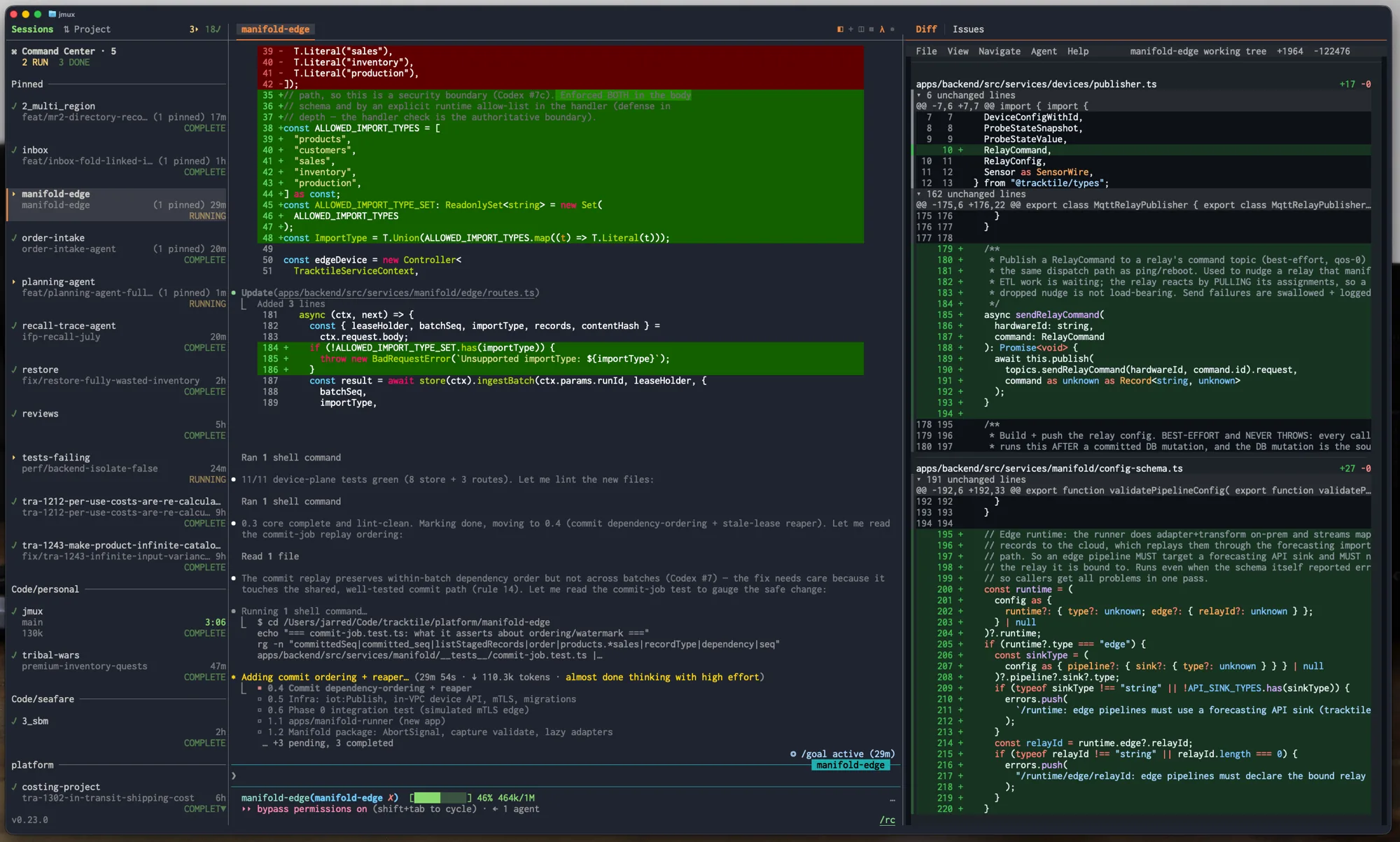 jmux with diff panel in split mode showing code changes alongside Claude Code