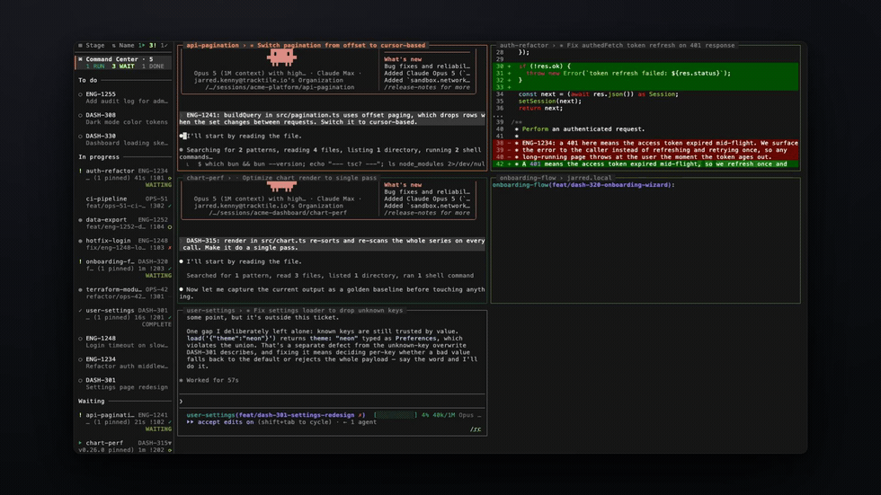 jmux Command Center: a grid of live Claude agent panes, borders colored by state