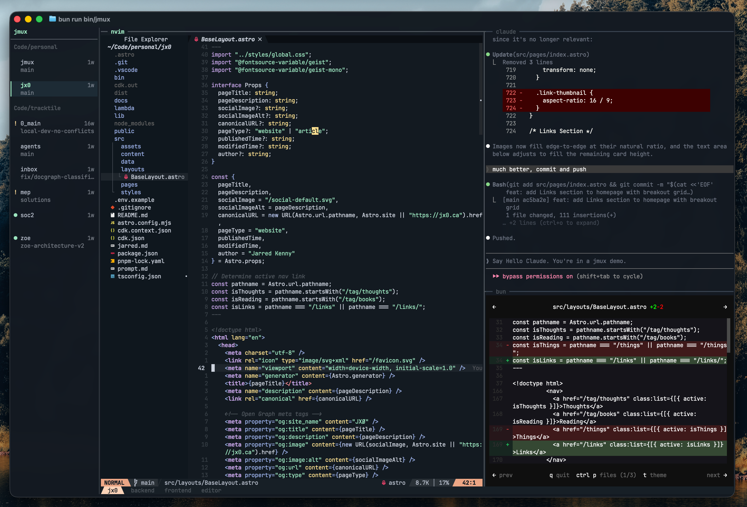 jmux sidebar with grouped sessions alongside vim and Claude Code