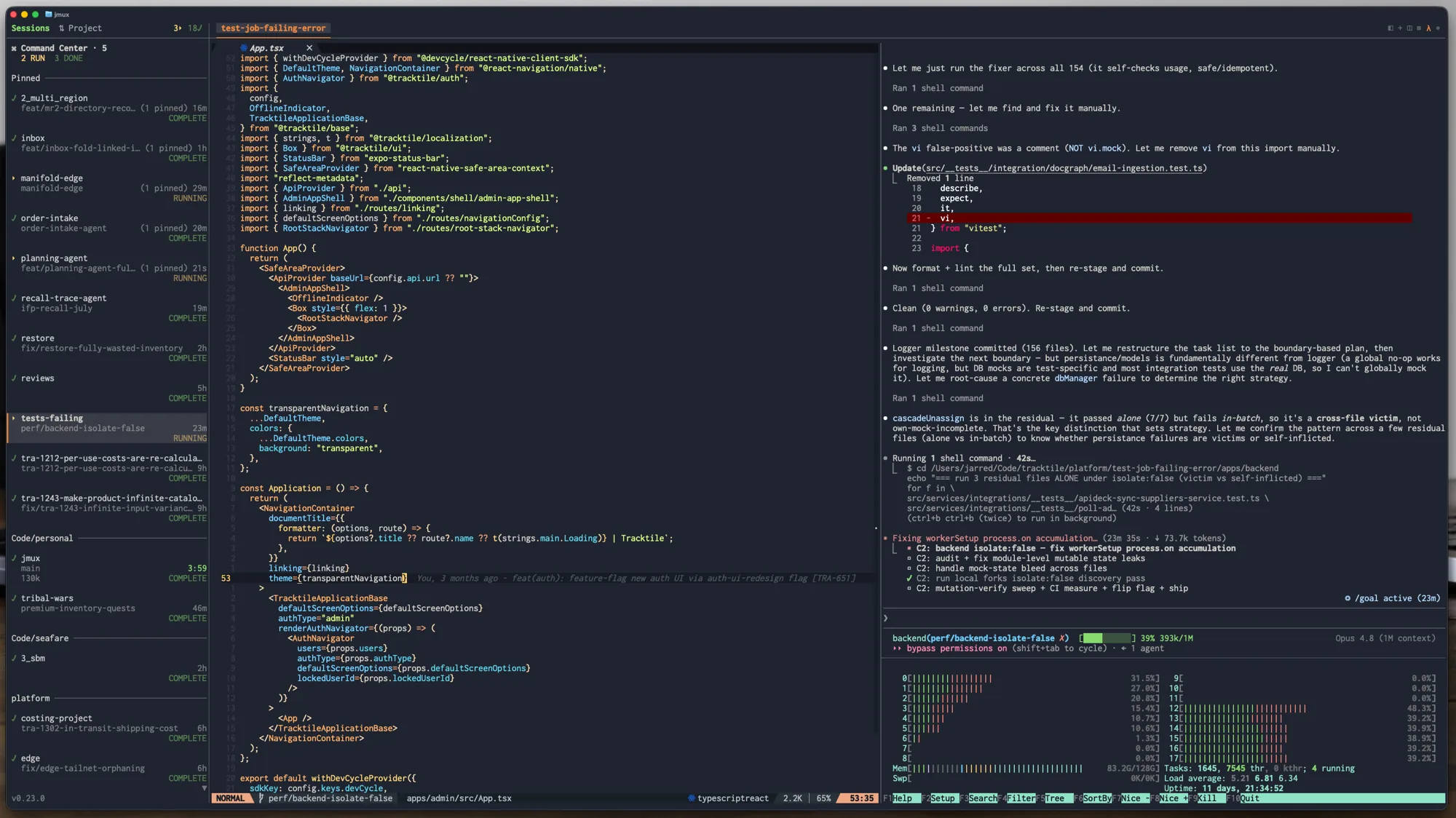 jmux with sidebar sessions, window tabs toolbar, and Claude Code