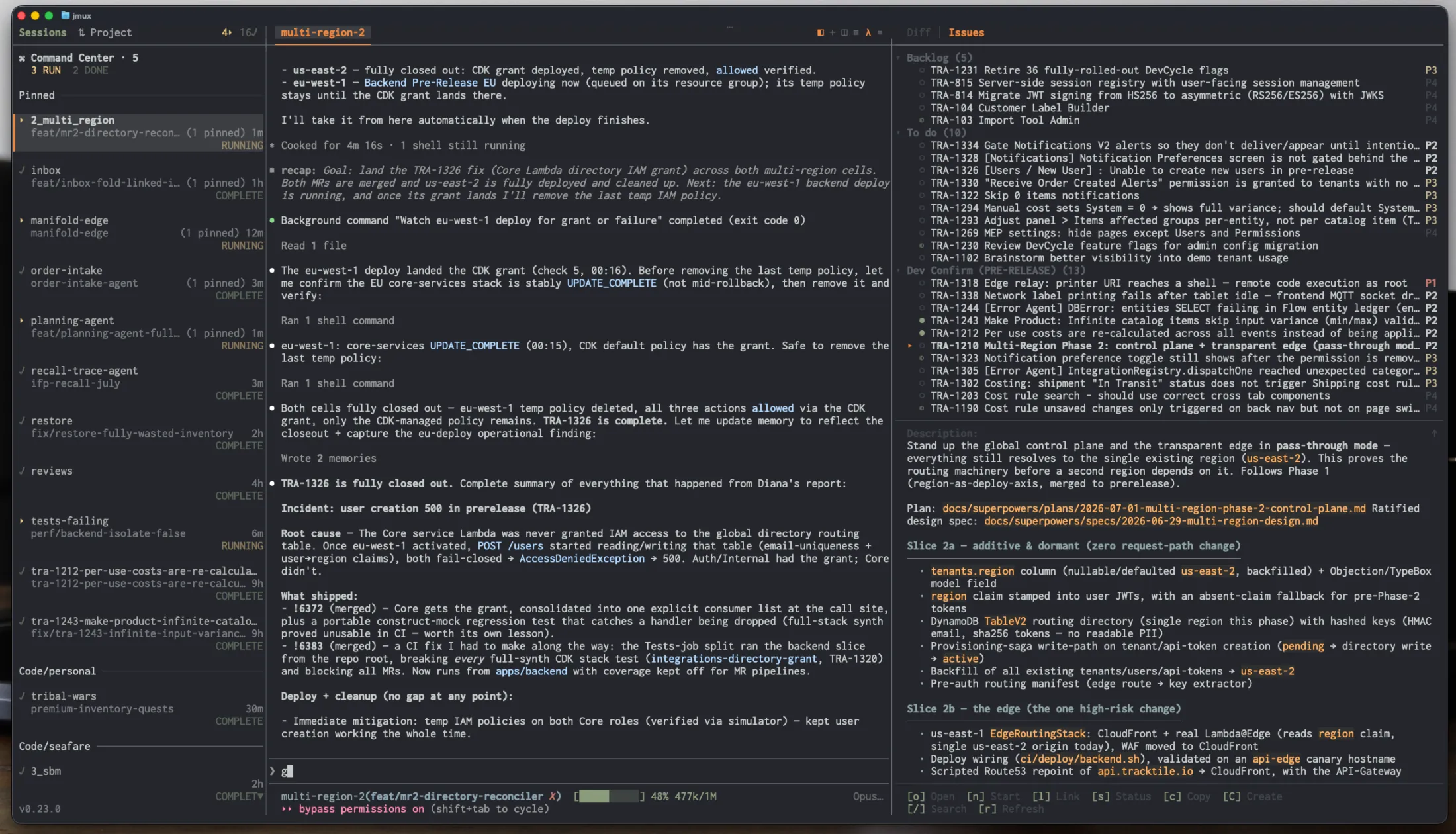 jmux info panel showing Linear issues grouped by team and status