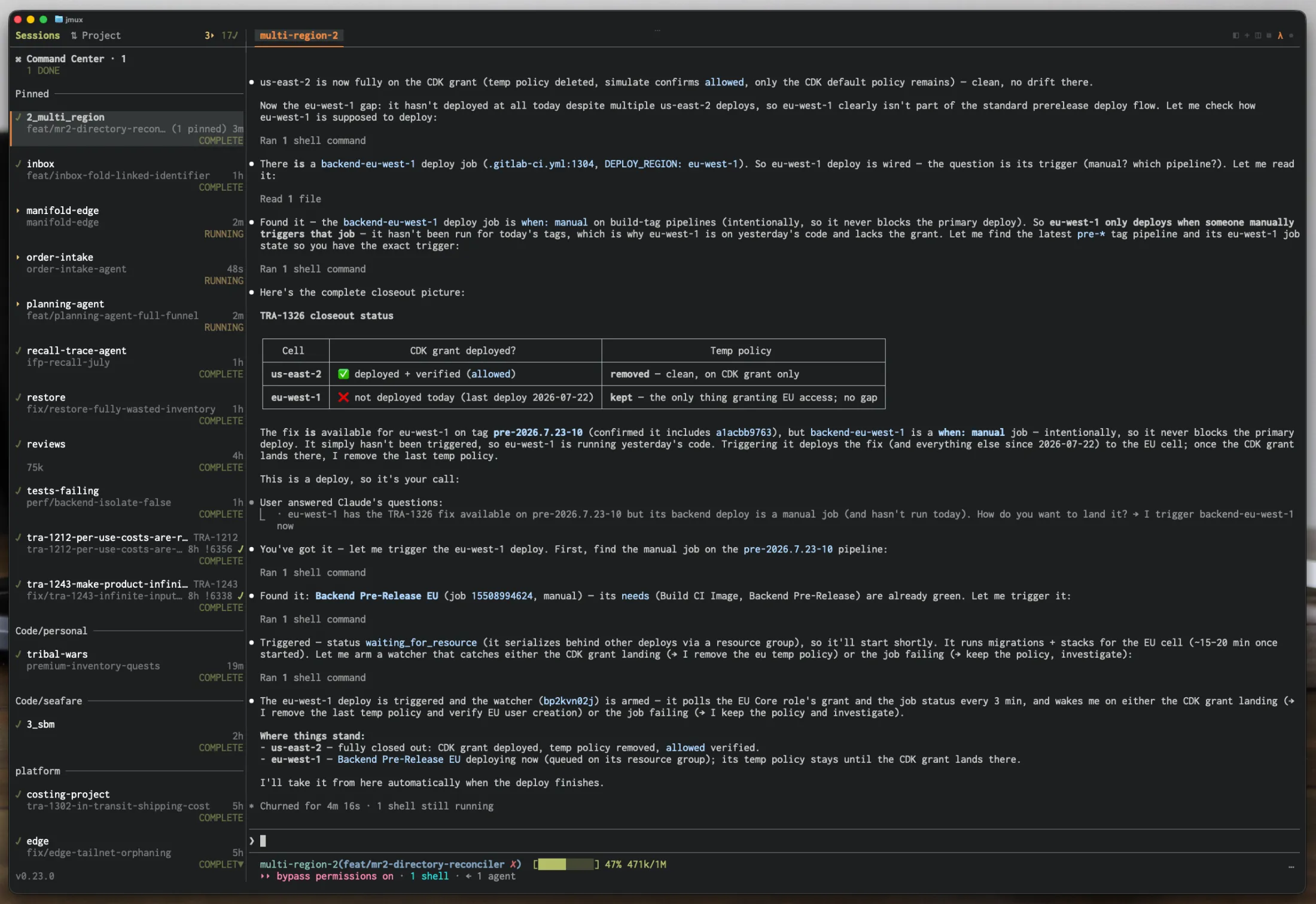 jmux in a dark terminal theme showing the sidebar, window tabs, and a Claude Code session