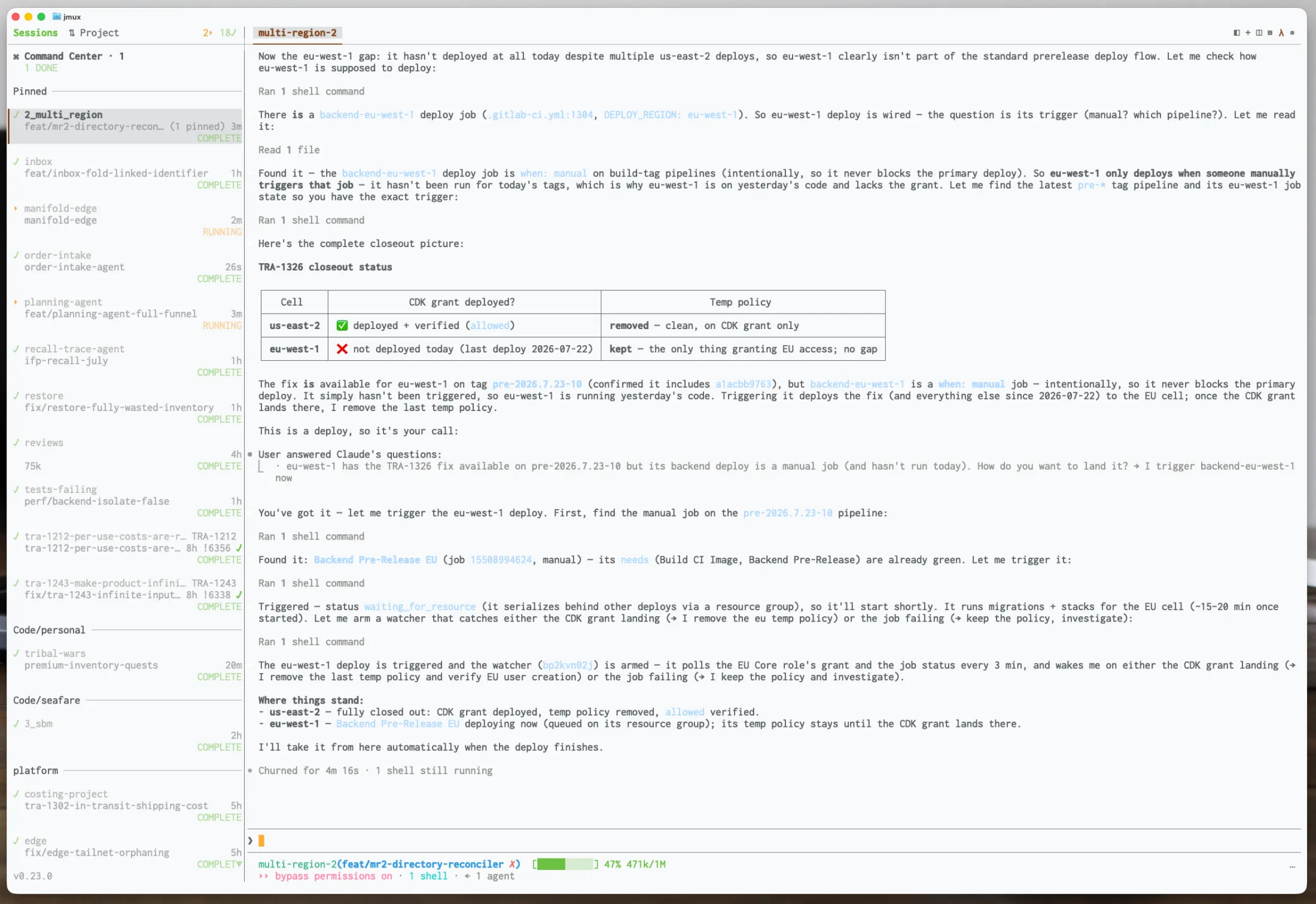 jmux in a light terminal theme showing the same session, its chrome adapting to the palette