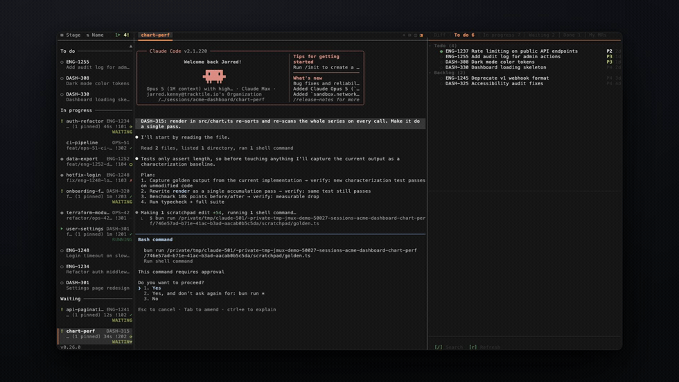 jmux info panel showing Linear issues beside a live agent