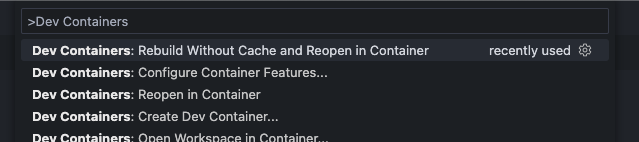 command palette: reopen in Dev Containers