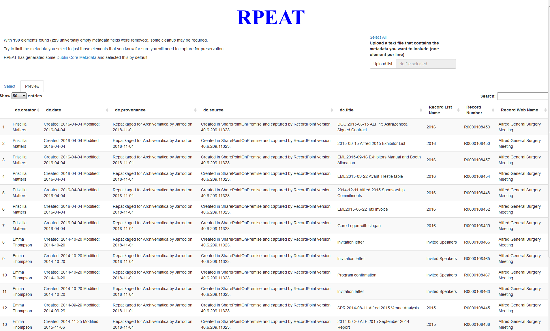 Previewing the metadata that will be included in metadata.csv. Includes Dublin Core metadata generated by RPEAT.