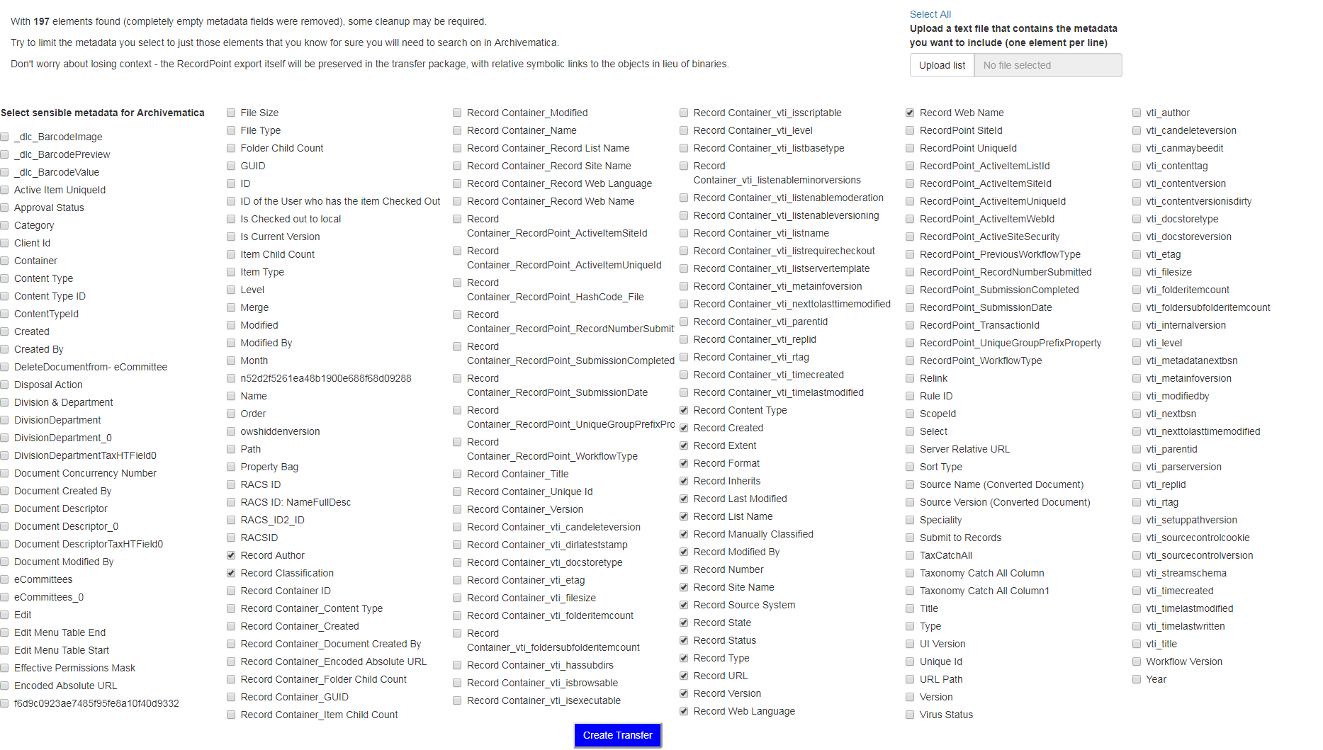 Choosing the metadata to include with the transfer