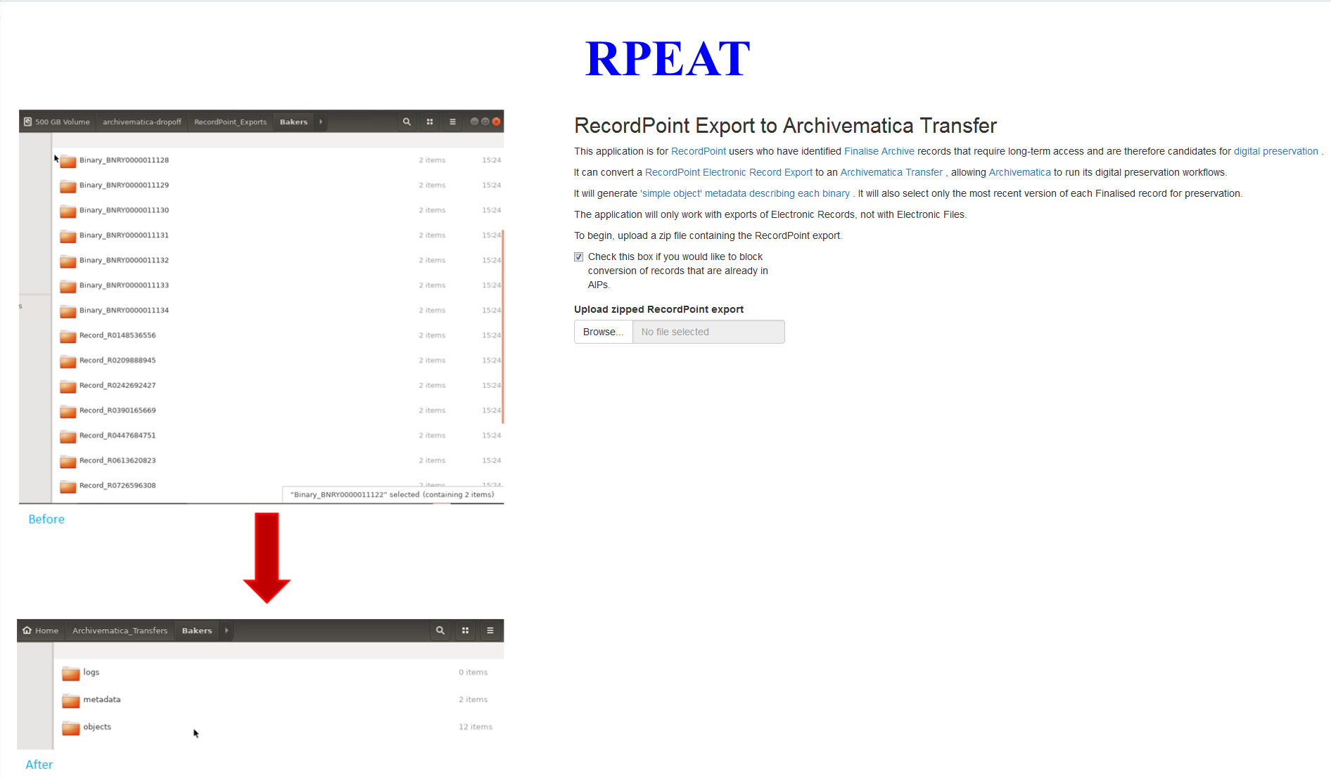 Selecting the RecordPoint Export to be converted to an Archivematica Transfer