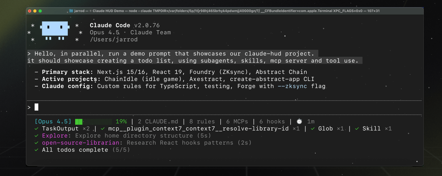 Claude HUD showing context usage, running agents, and todo progress in a terminal