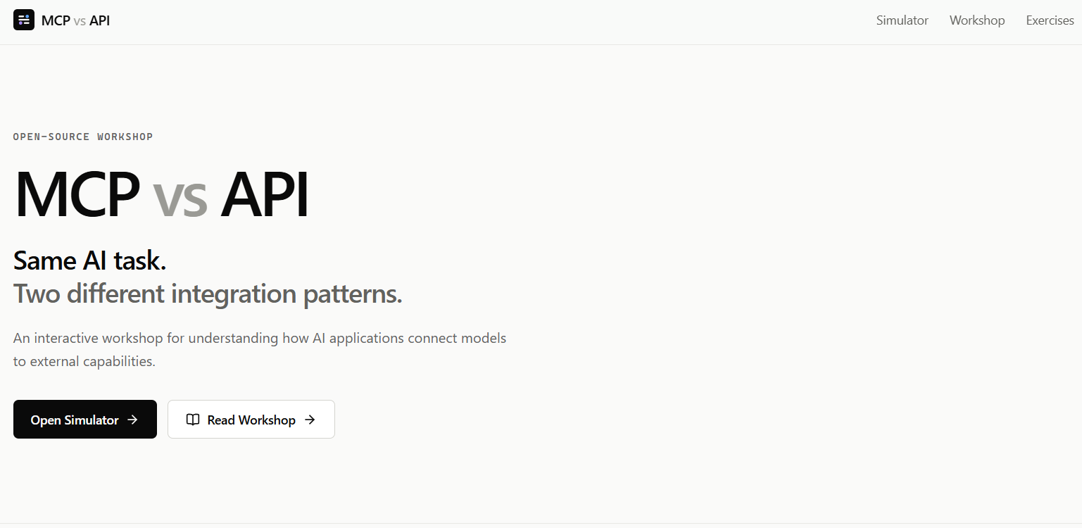 MCP vs API workshop home page: "Same AI task. Two different integration patterns."