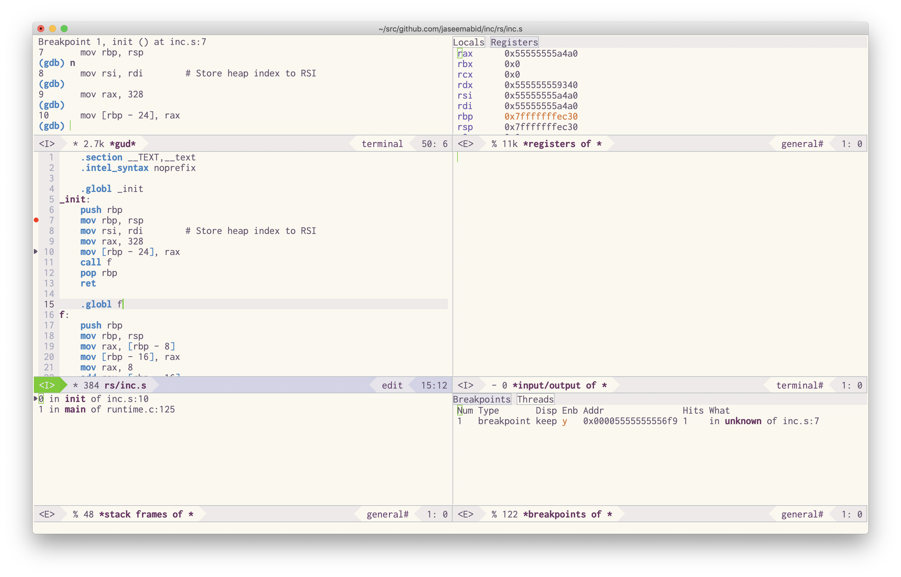 Screenshot of GDB running in Emacs over remote protocol