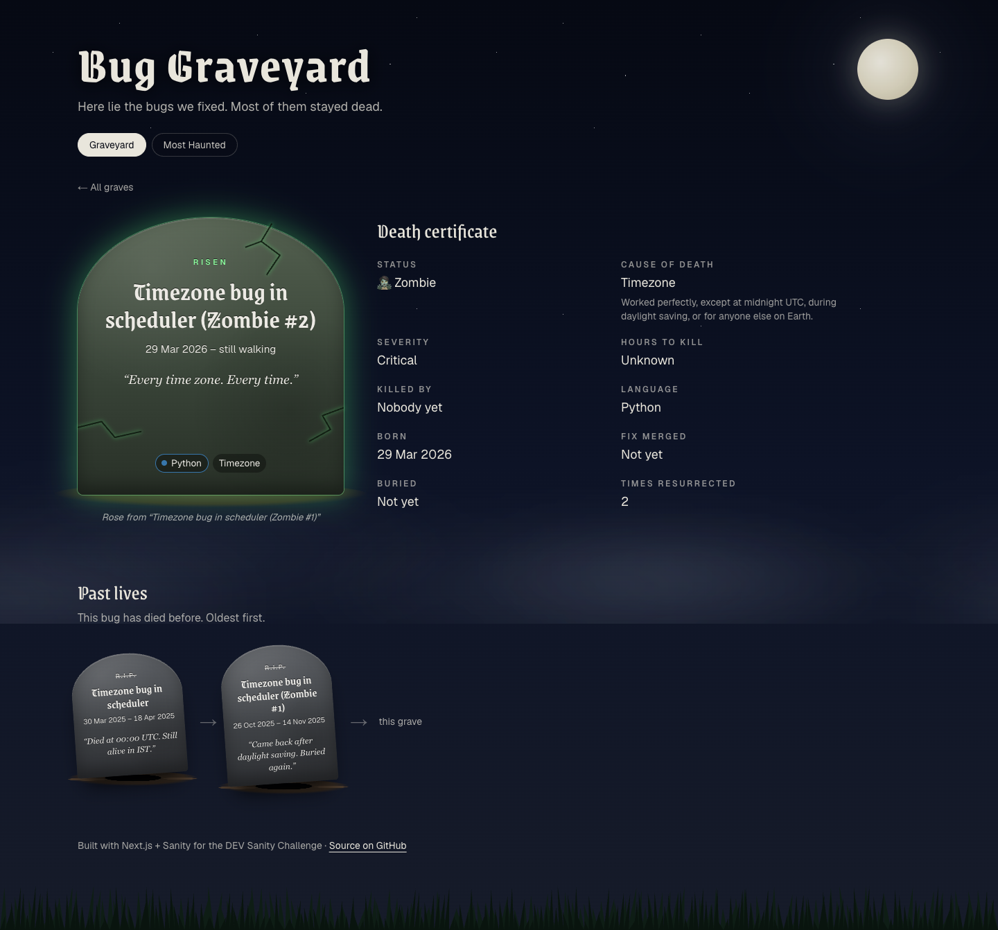 The grave page of "Timezone bug in scheduler (Zombie #2)": a large glowing zombie tombstone, its death certificate, and a Past lives row showing the two earlier graves in its chain