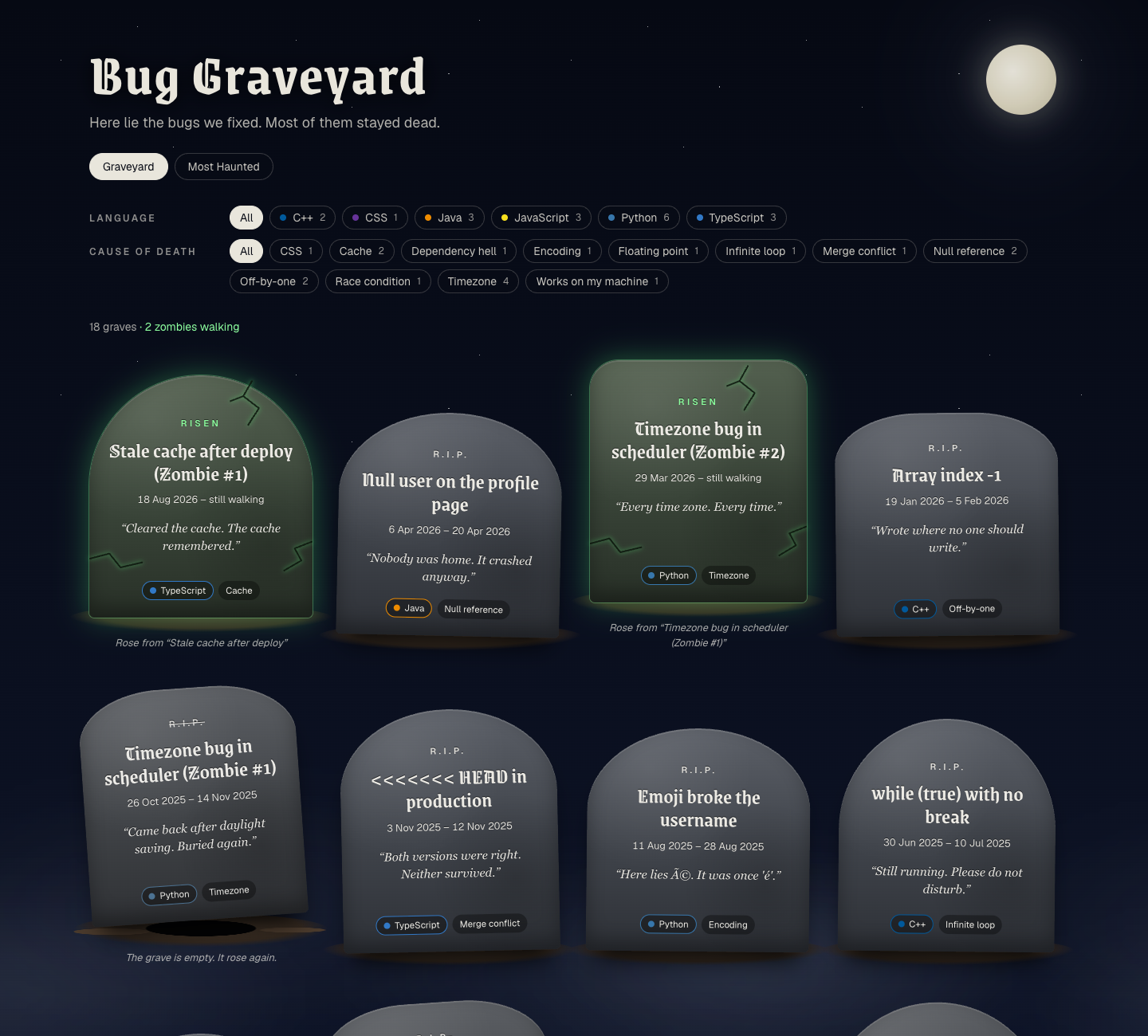 The Bug Graveyard homepage: language and cause-of-death filters above rows of tombstones under a full moon, including two glowing green zombie stones and one knocked-over, empty grave