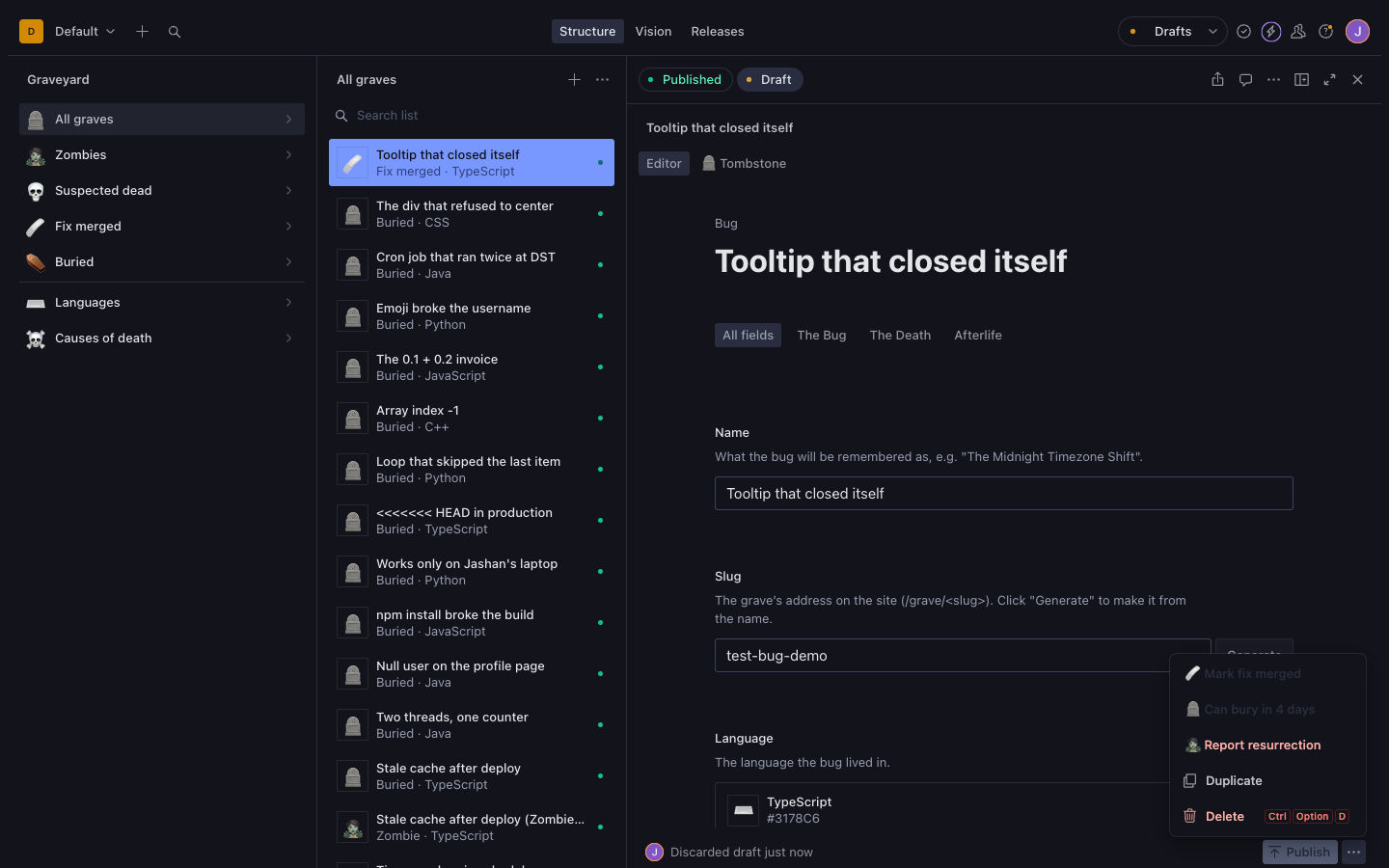 The Studio's "…" menu on a bug whose fix merged 3 days ago: "Mark fix merged" and "Can bury in 4 days" are disabled, "Report resurrection" is available, followed by Duplicate and Delete