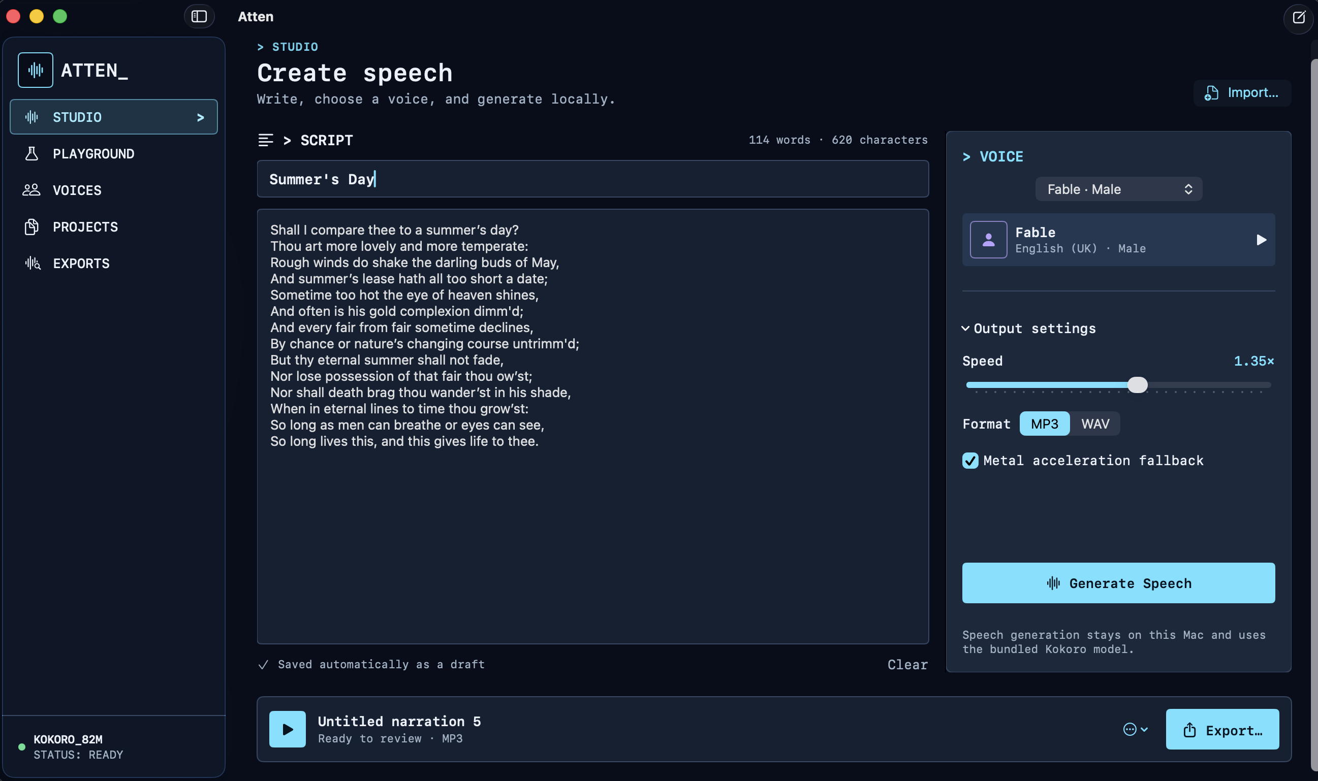 Atten local text-to-speech studio
