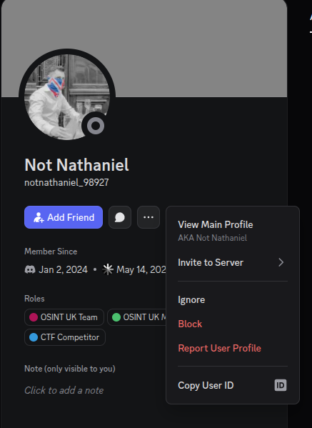 Discord profile card for the user “Not Nathaniel” with the account context menu open and the “Copy User ID” option highlighted.