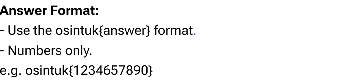 Zoomed-in challenge page text showing the answer format, including the instruction to use the osintuk{answer} format and that numbers only are accepted.