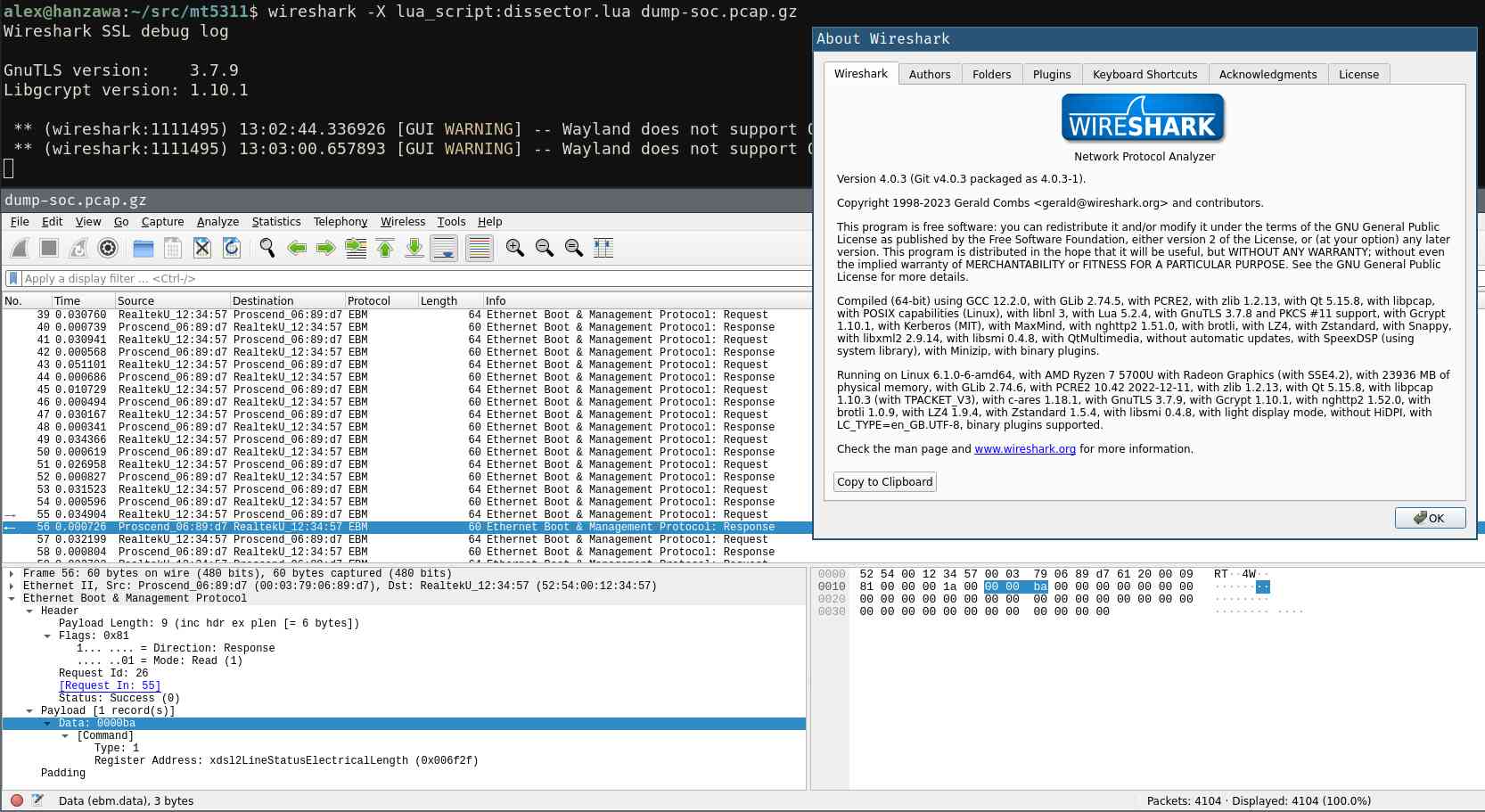 Screenshot of Wireshark having opened dump-soc.pcap.gz using the EBM dissector