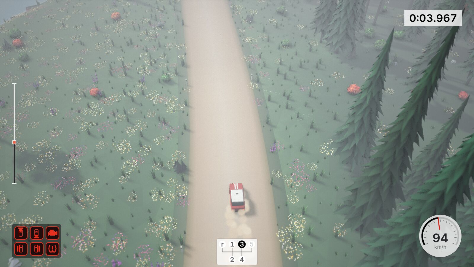 A damaged car in fog, with the warning lights, the gear gate and the speed dial