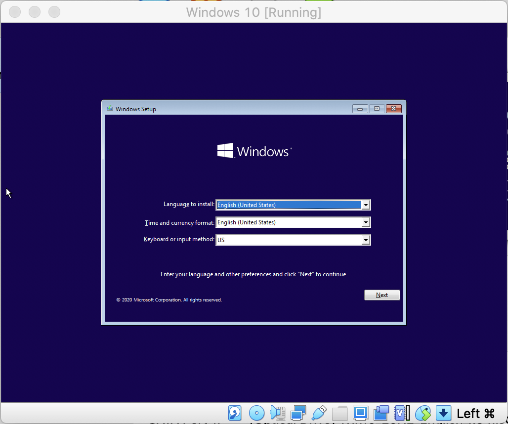 Virtualbox - windows initial scrren