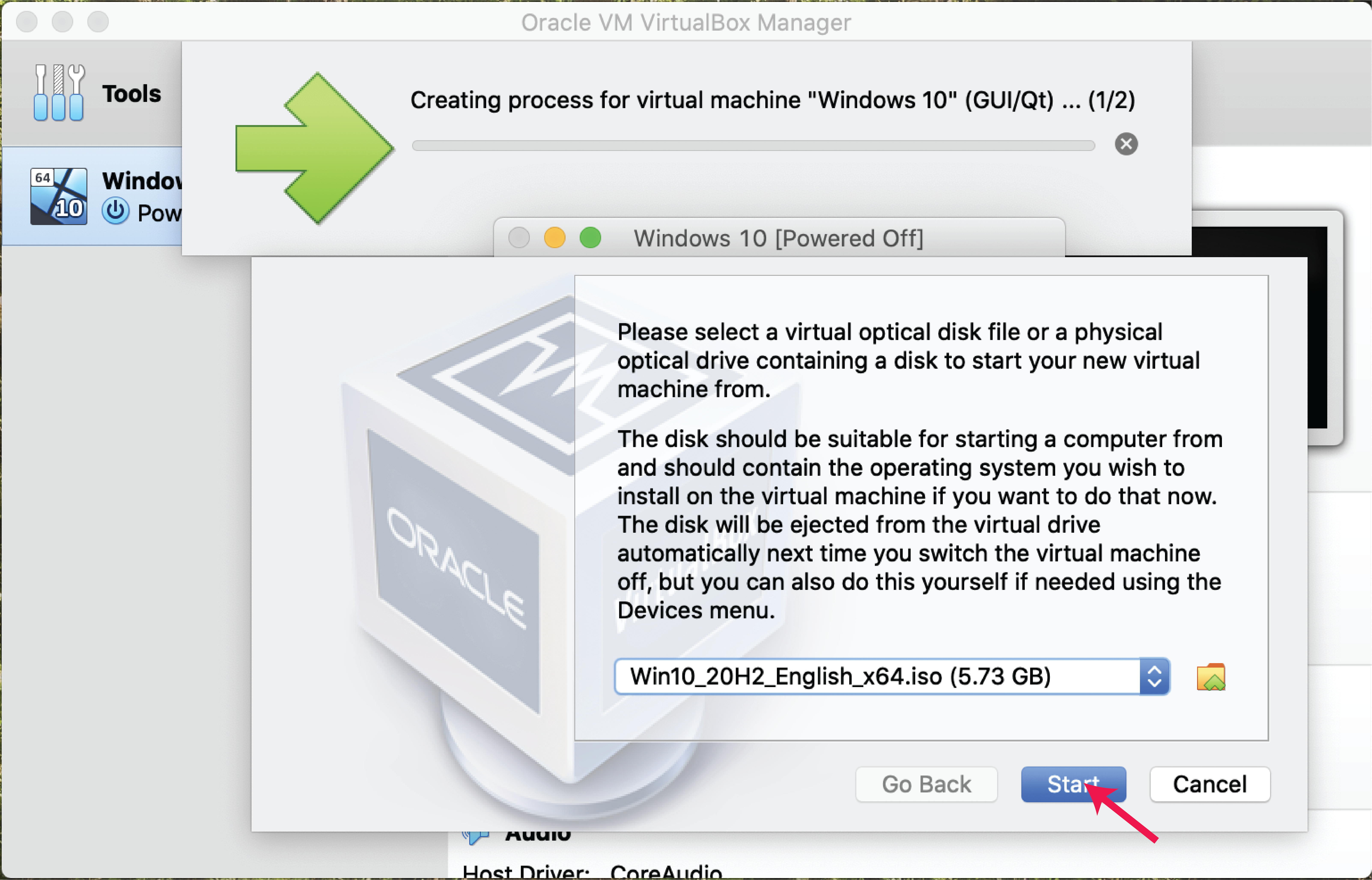 Virtualbox - click start