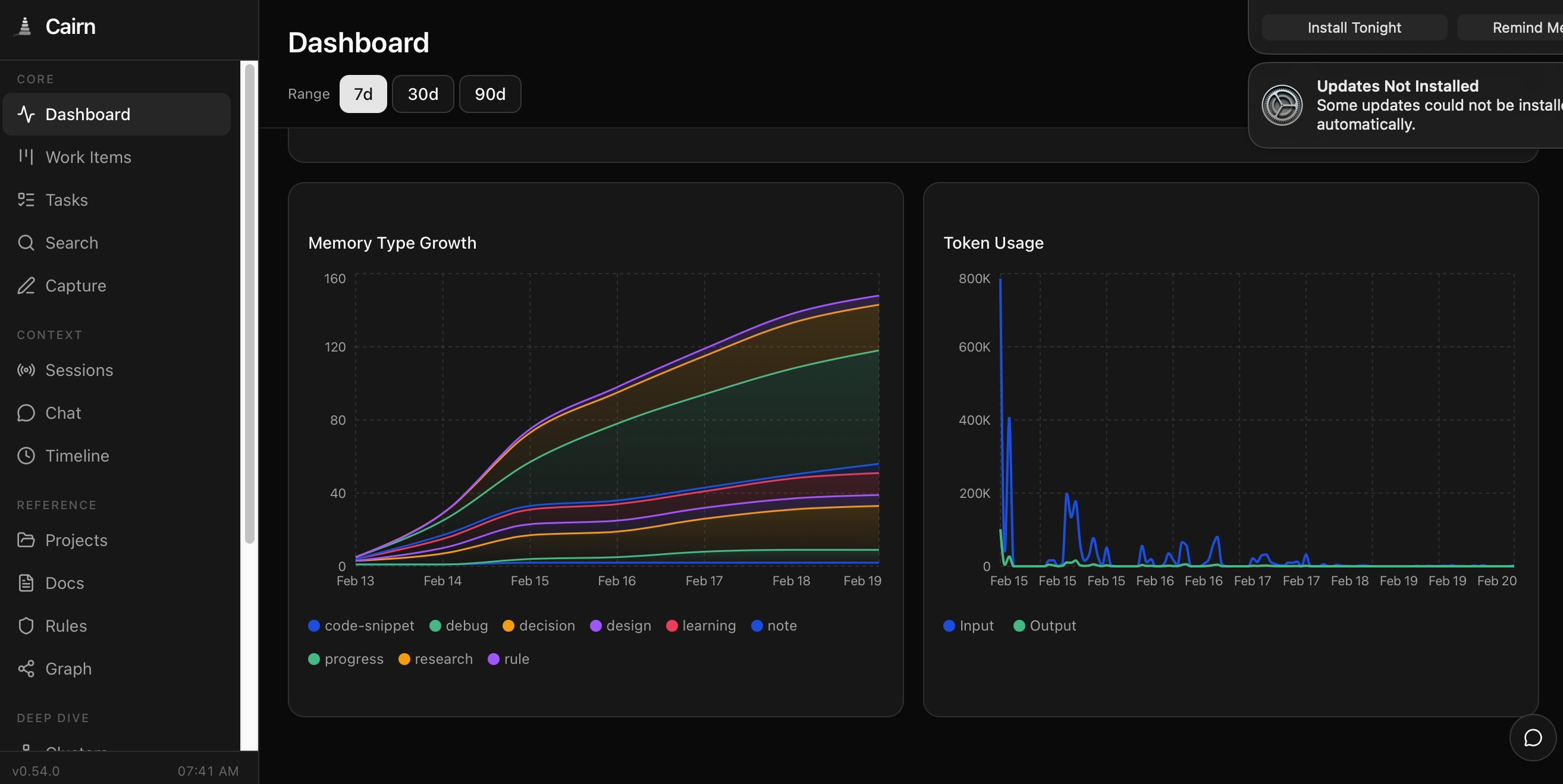 Cairn dashboard with memory growth and token usage