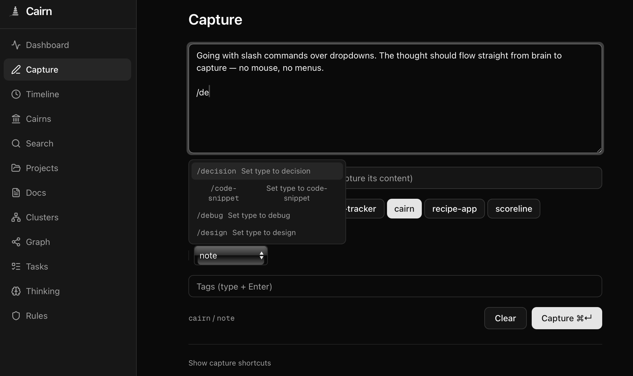 Cairn capture page with slash commands