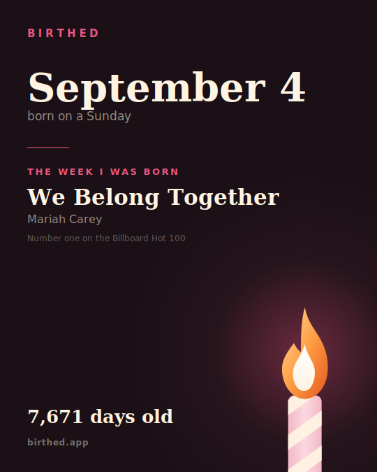 The iPhone app's card for September 4: the number one song the week you were born, We Belong Together by Mariah Carey, and a lit candle