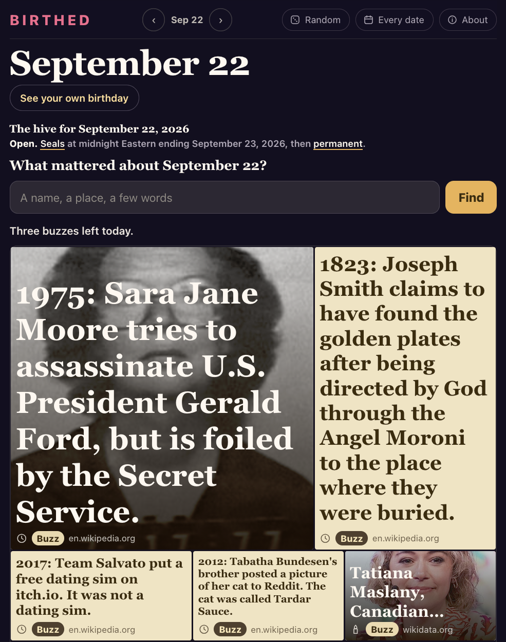 The September 22 page on birthed.app: the date, the question What mattered about September 22, and the hive, with its biggest tiles about Gerald Ford and Joseph Smith