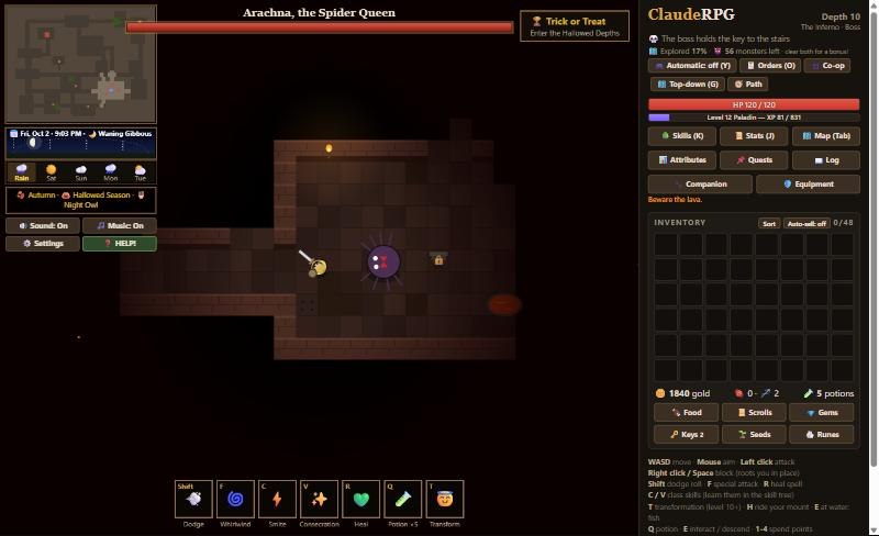 A boss fight against Arachna, the Spider Queen