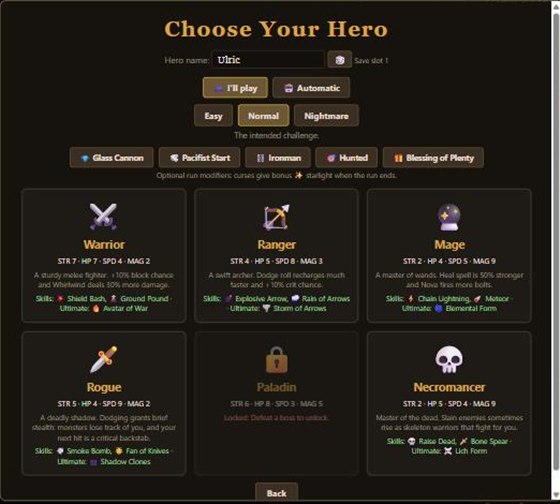 The Choose Your Hero screen