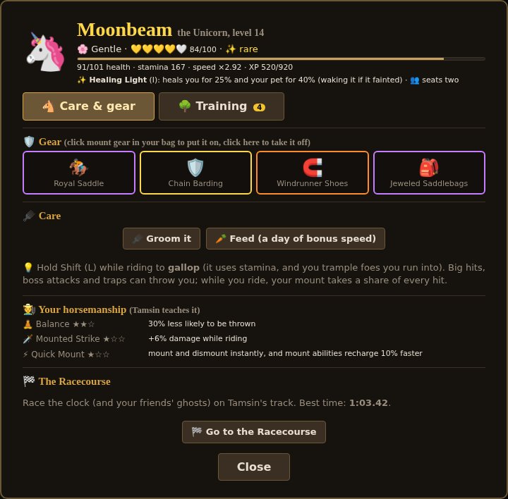 The Mount Den: a unicorn with its gear, horsemanship and the racecourse