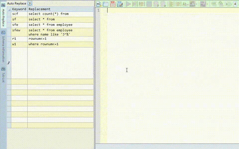 JasonQuery AutoReplace expanding a configured SQL shortcut