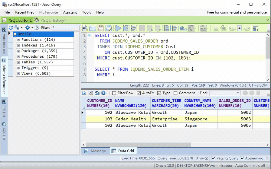 JasonQuery SQL History showing user SQL and SQL issued by AutoComplete