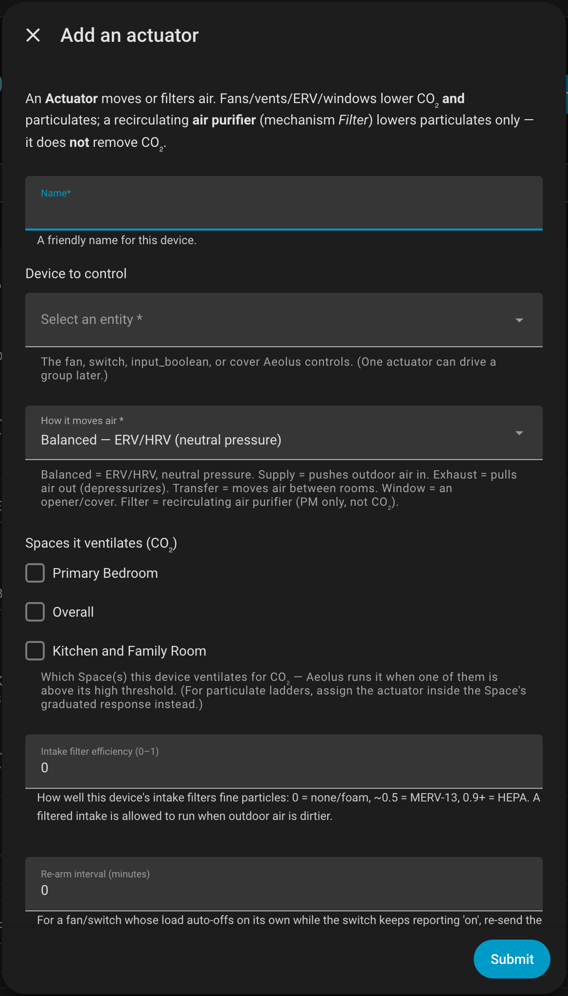 The Add an actuator dialog: entity, air mechanism, served spaces, filter efficiency