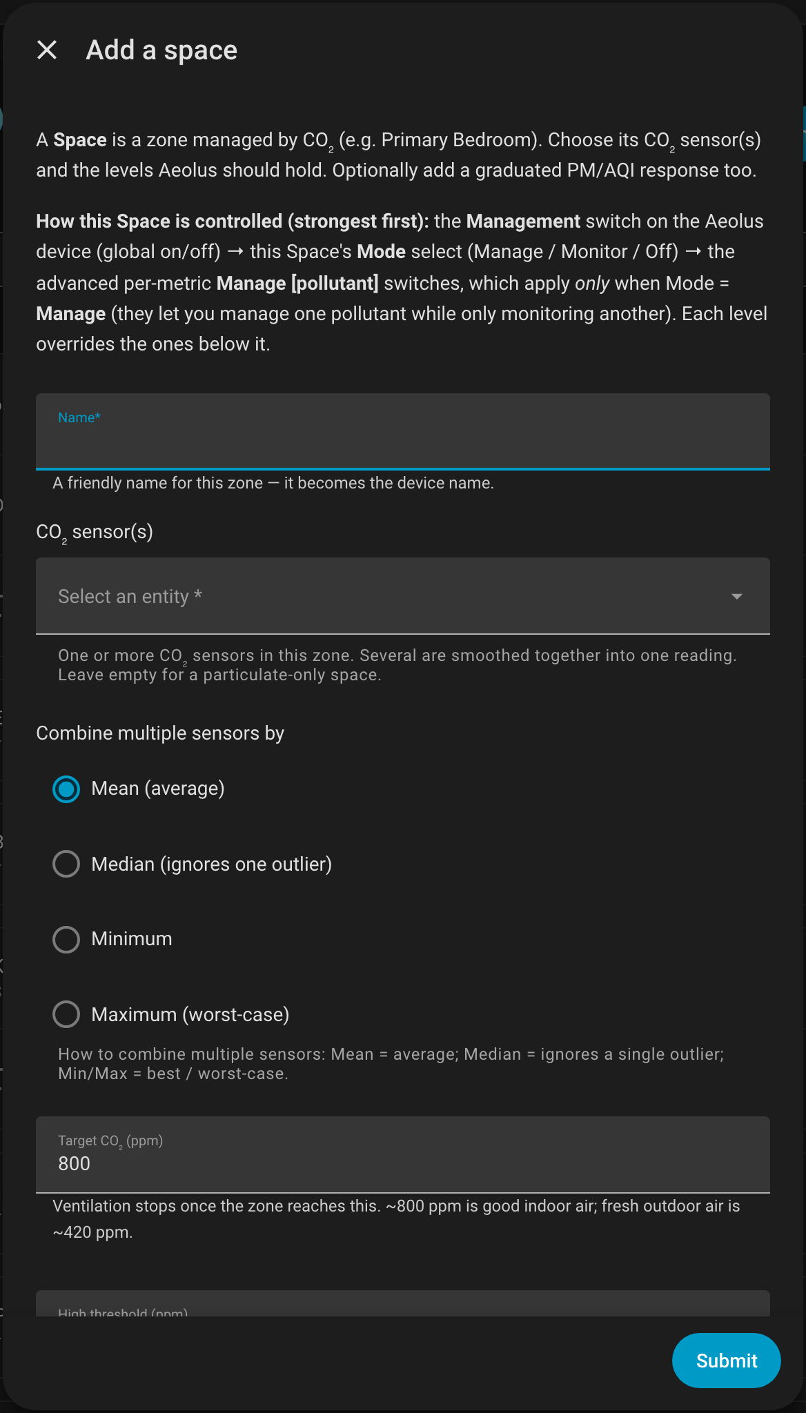 The Add a space dialog: name, CO₂ sensors, aggregation, and target