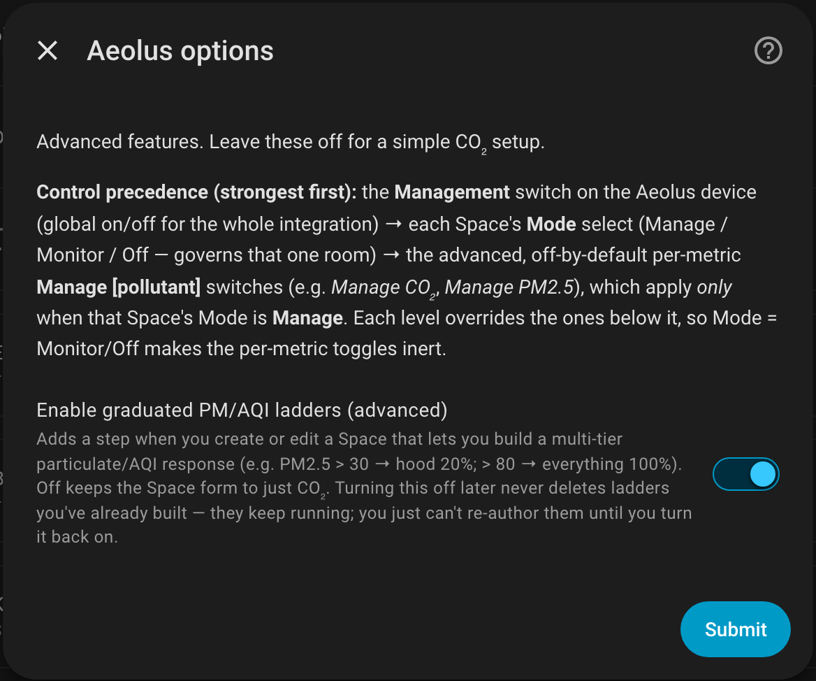 The options dialog explaining control precedence, with the graduated-ladders toggle