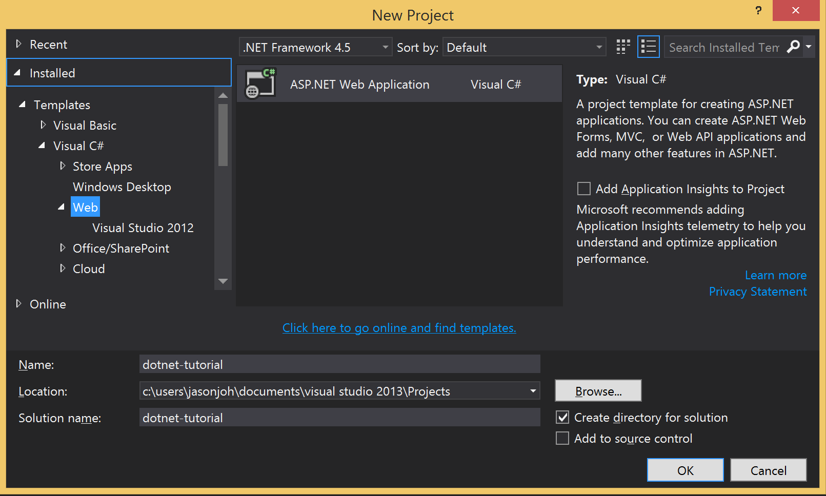 The Visual Studio New Project window.