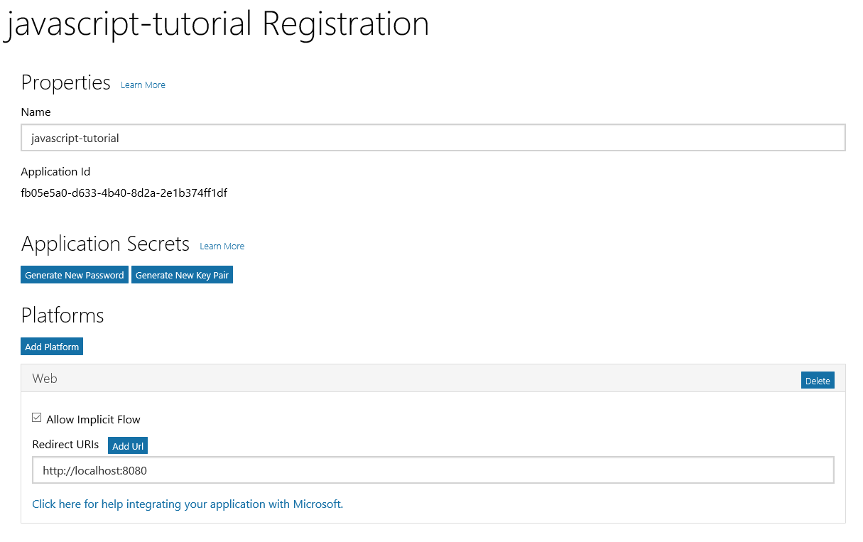 The completed app registration