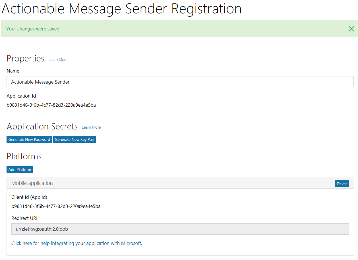 A screenshot of the completed app registration in the Application Registration Portal