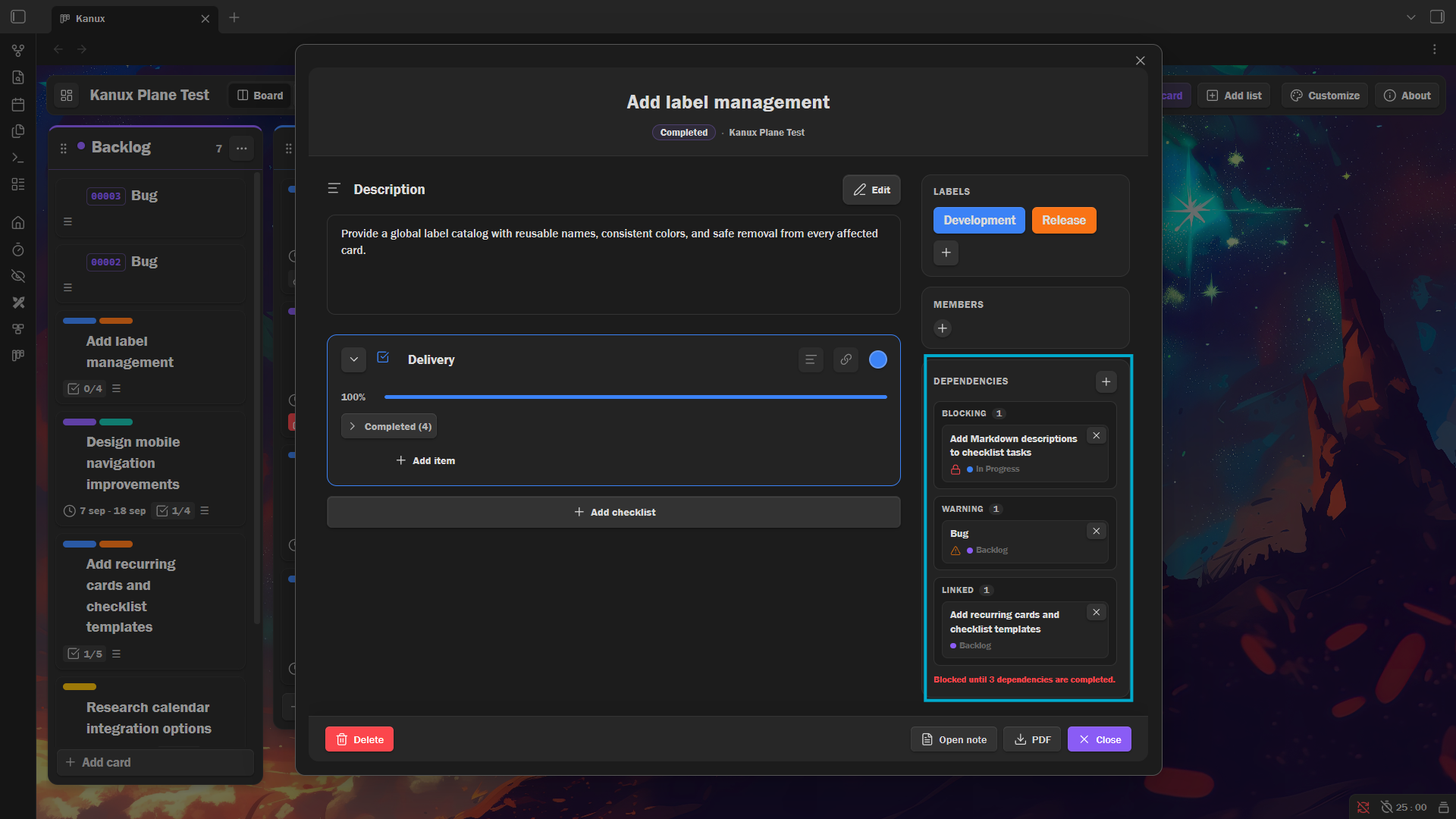 Card sidebar showing blocking, warning, and linked dependencies