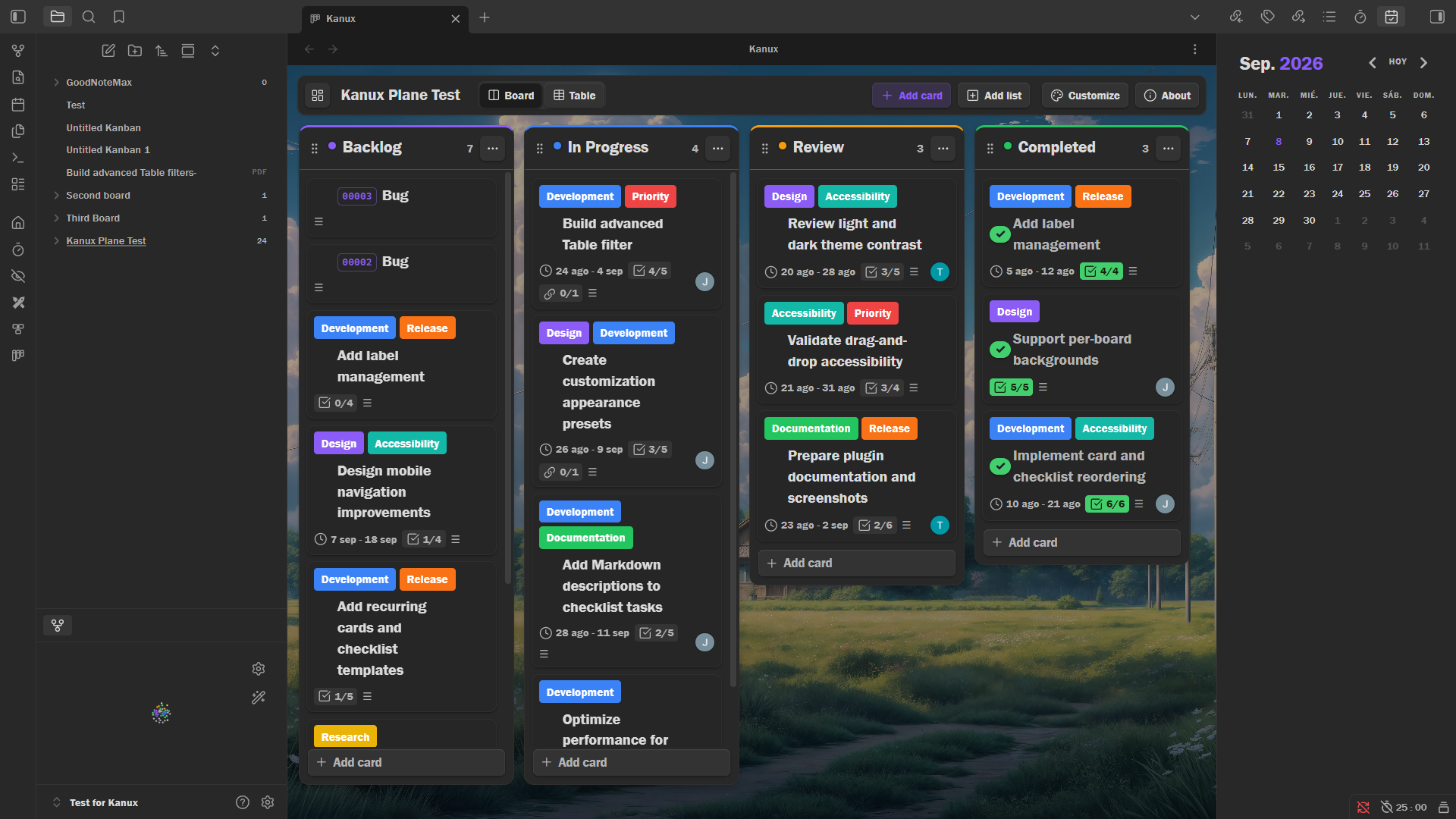 Kanux Board view with colored lists and cards